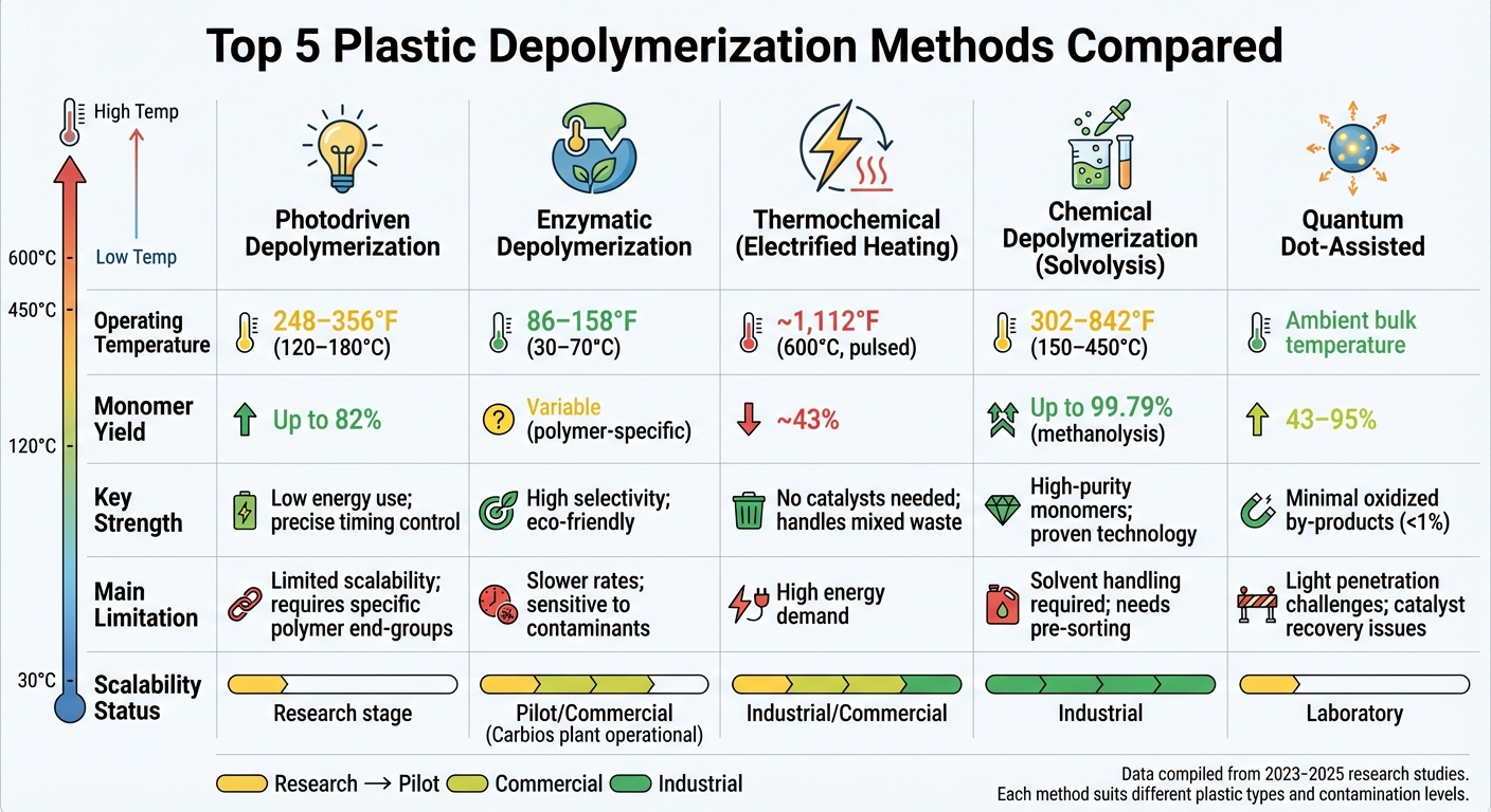 Comparison of 5 Plastic Depolymerization Methods: Temperature, Yield, and Scalability