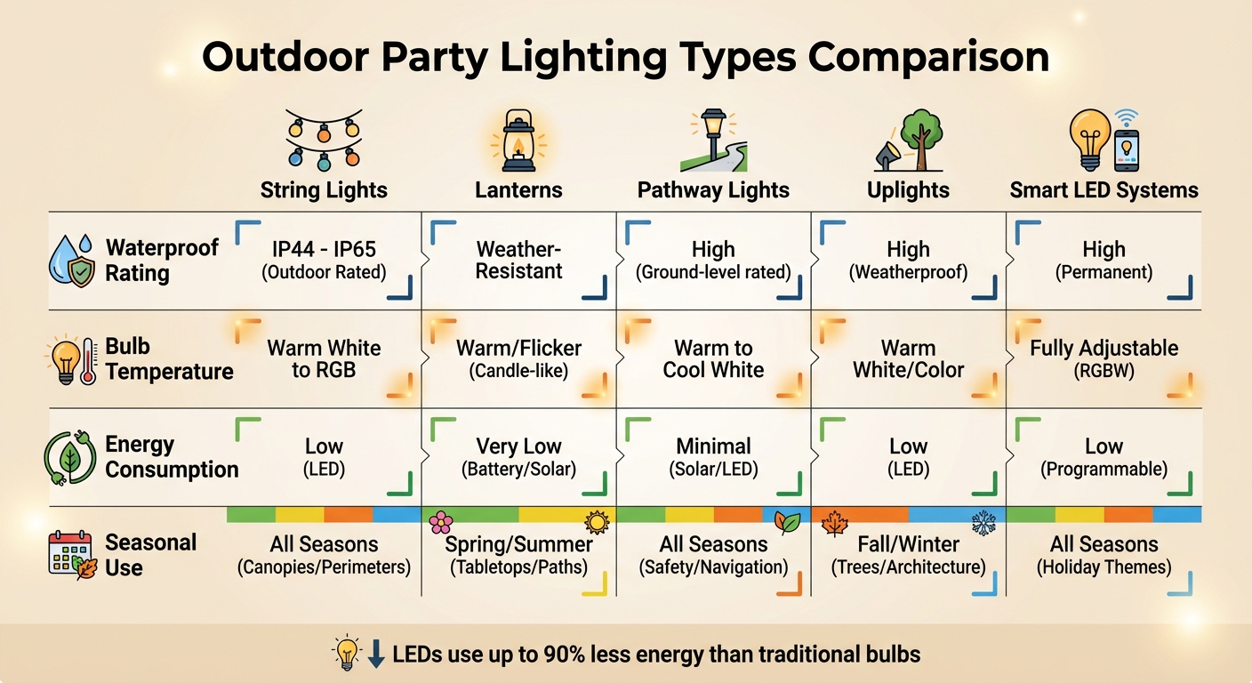 Outdoor Party Lighting Types Comparison by Season and Specifications