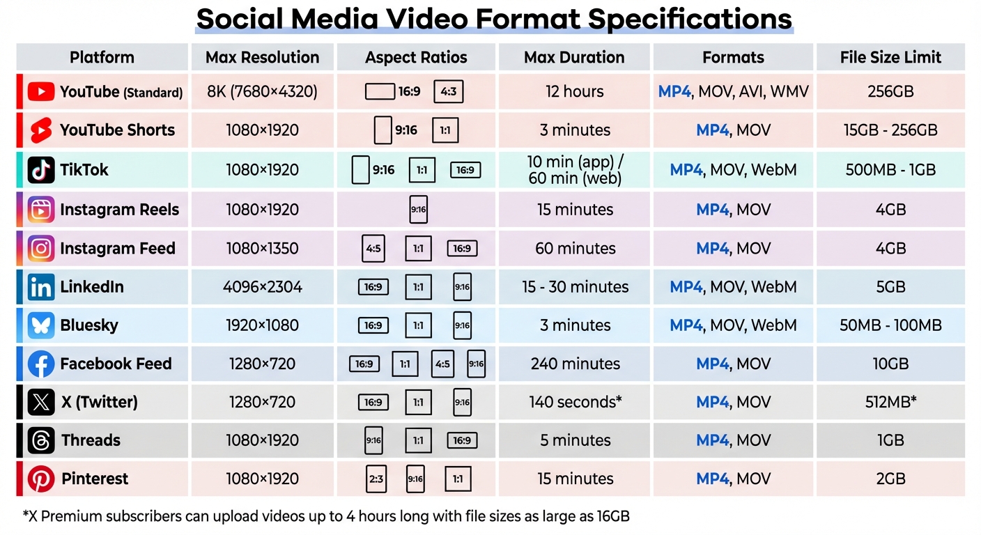 Social Media Video Format Specifications Comparison Chart