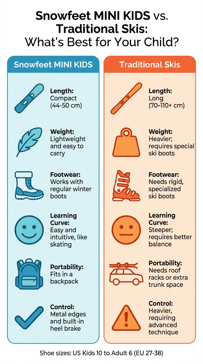 Snowfeet MINI KIDS 與傳統滑雪板比較表