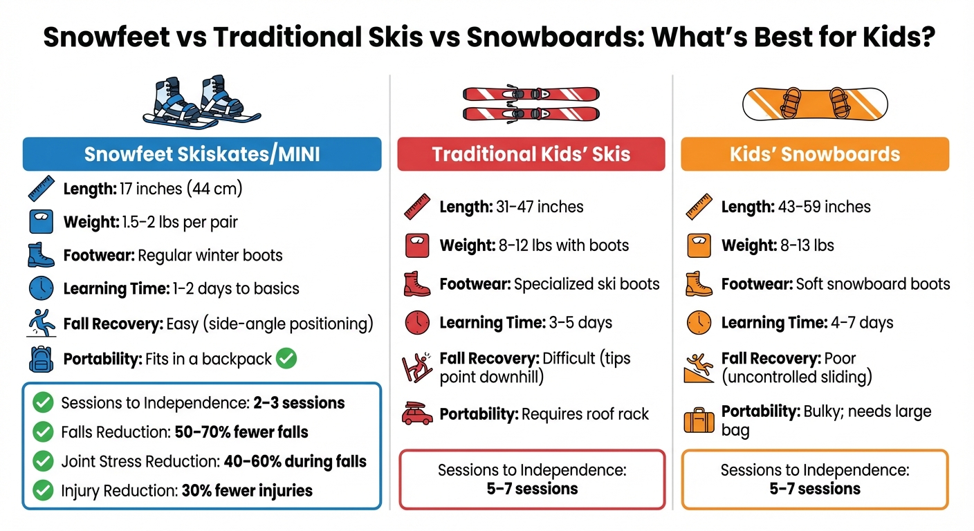 Snowfeet vs traditionella skidor vs snowboard: komplett jämförelse för barn