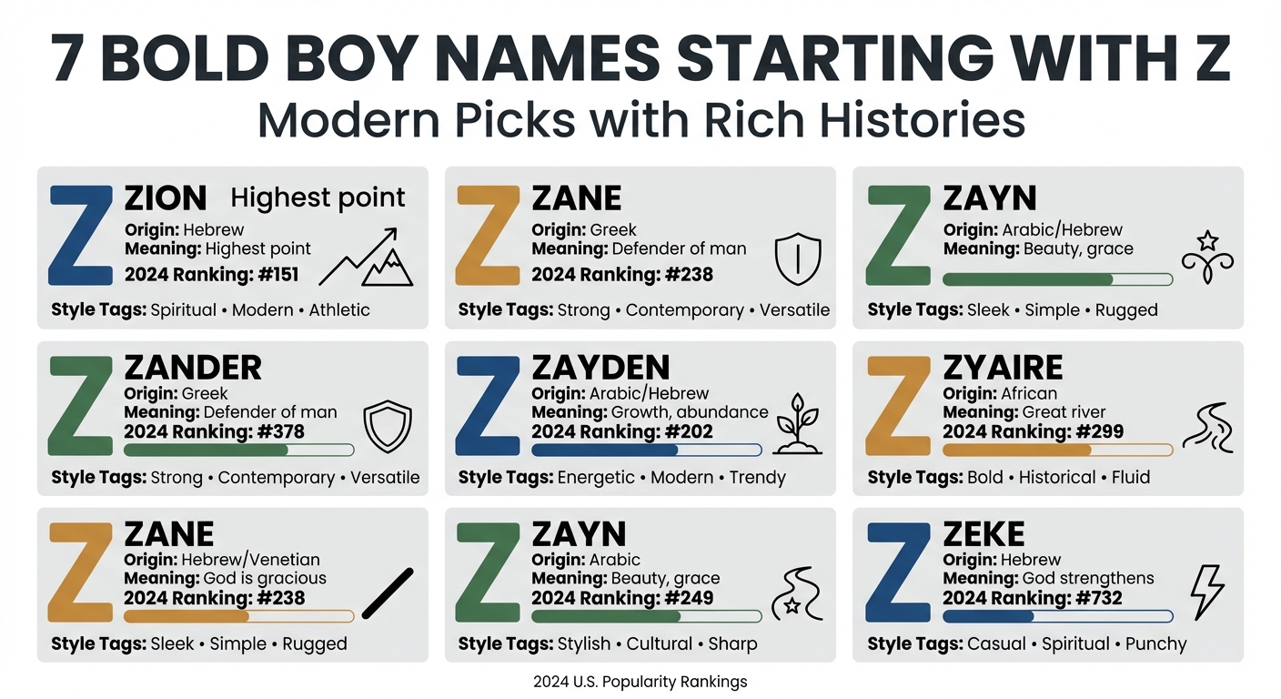 Comparison of 7 Bold Boy Names Starting with Z: Origins, Meanings, and Popularity Rankings