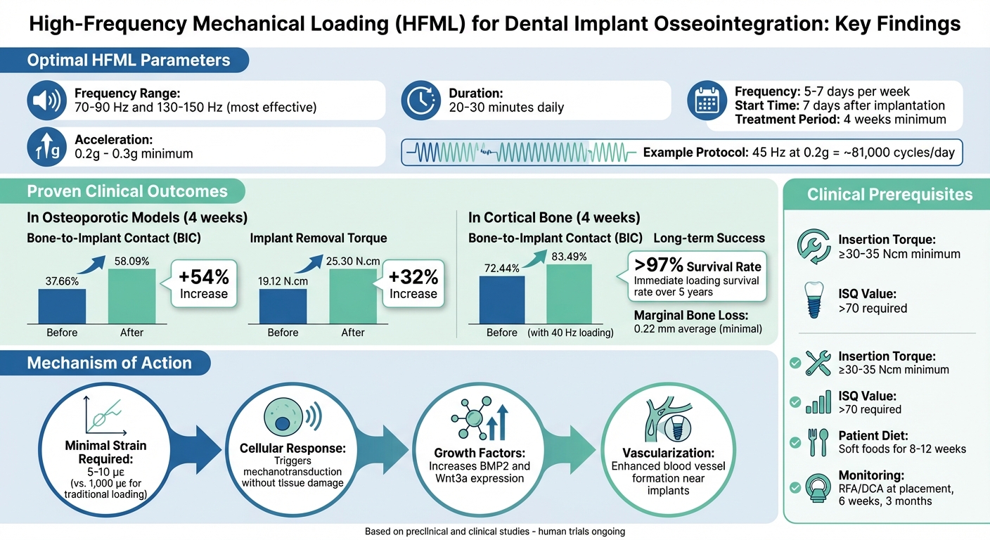 High-Frequency Loading Effects on Dental Implant Osseointegration: Key Parameters and Results