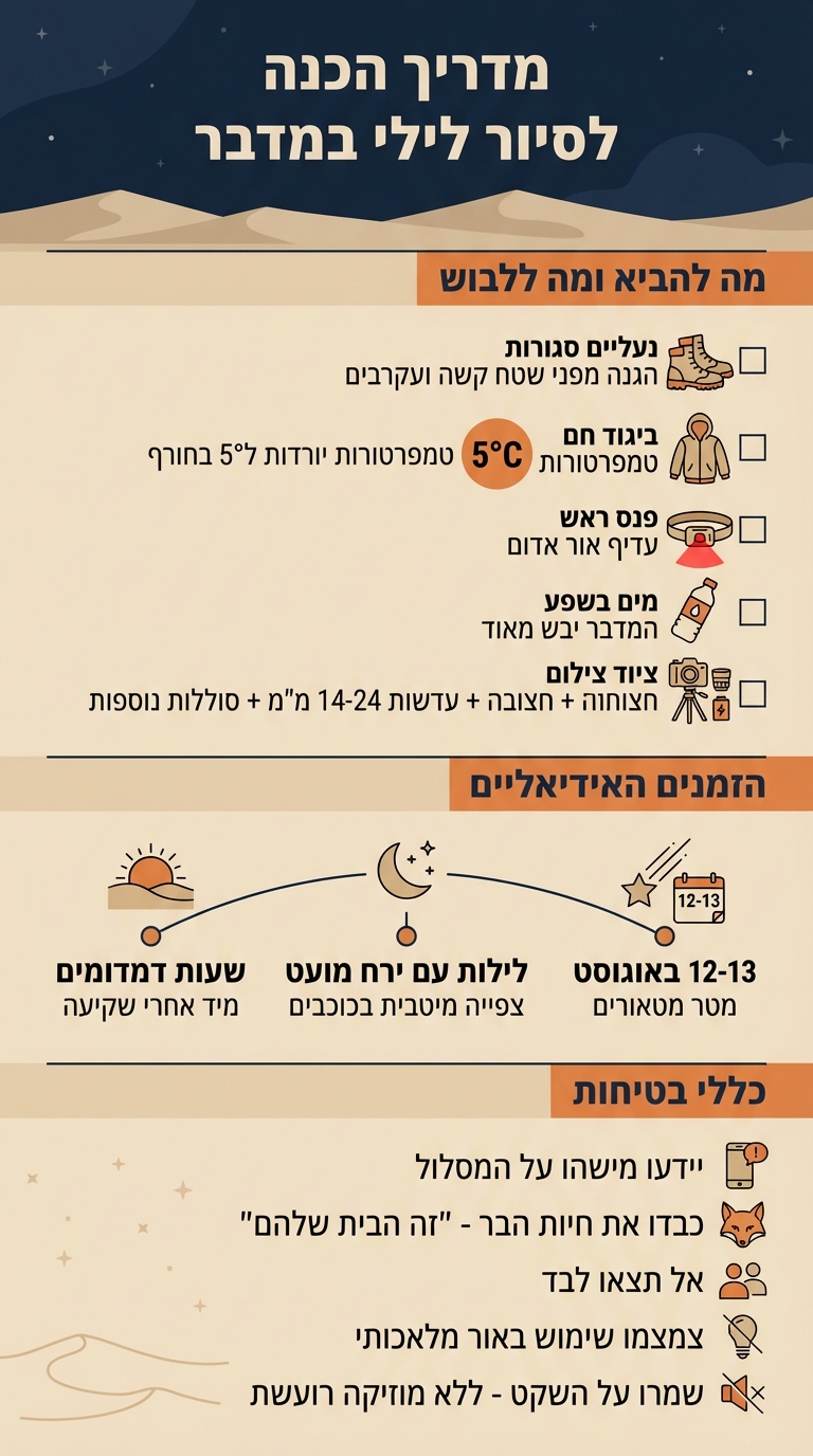 מדריך הכנה לסיור לילה במדבר - ציוד חיוני ועצות בטיחות