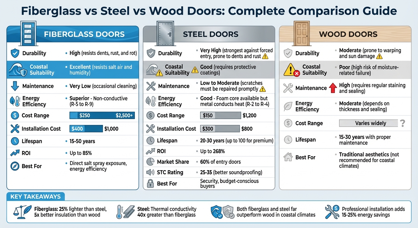 Fiberglass vs Steel vs Wood Doors: Cost, Durability & Coastal Performance Comparison