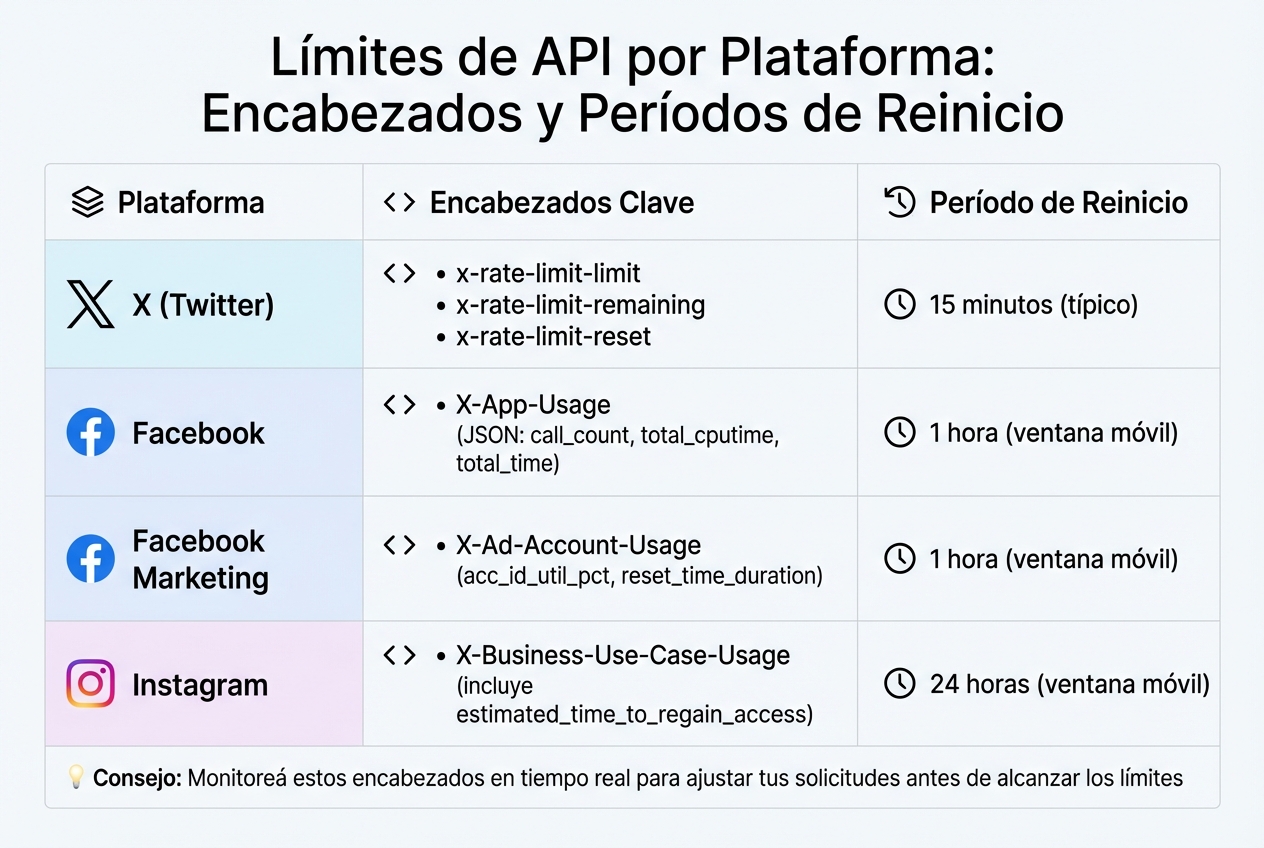 Límites de API por plataforma: encabezados HTTP y períodos de reinicio
