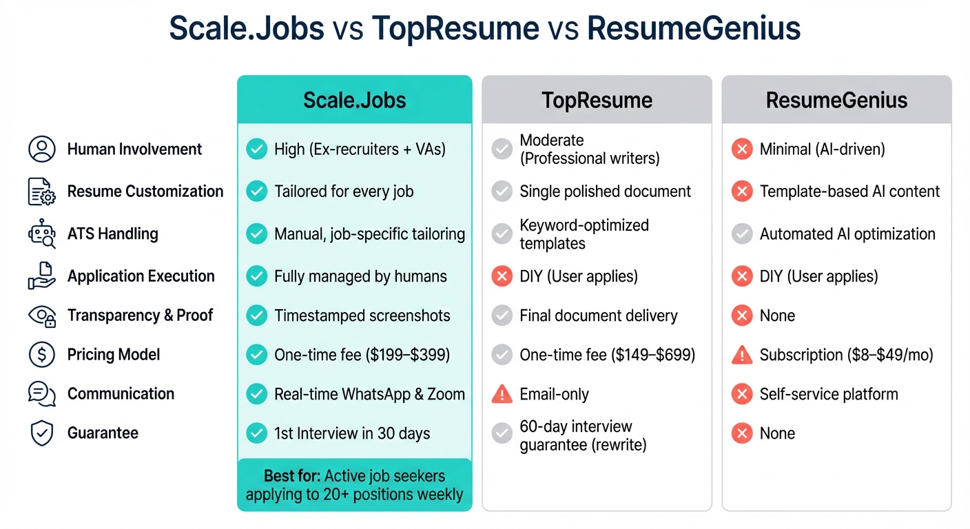 Scale.Jobs vs TopResume vs ResumeGenius: Feature Comparison