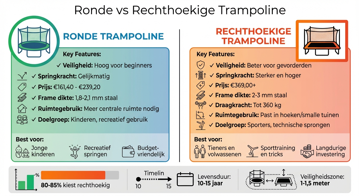Ronde vs rechthoekige trampoline vergelijking: veiligheid, prijs en prestaties