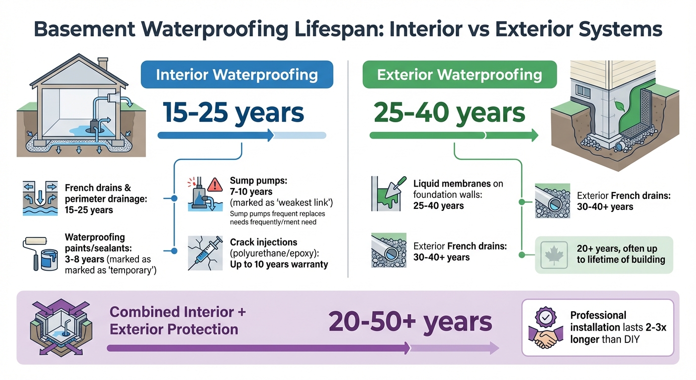 Basement Waterproofing Lifespan: Interior vs Exterior Systems Comparison