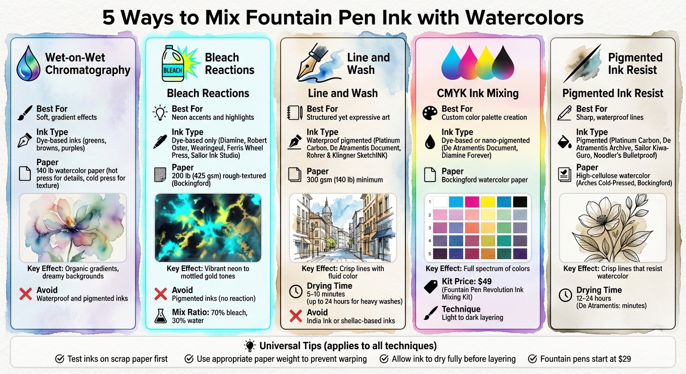 5 Fountain Pen Ink and Watercolor Mixing Techniques Comparison