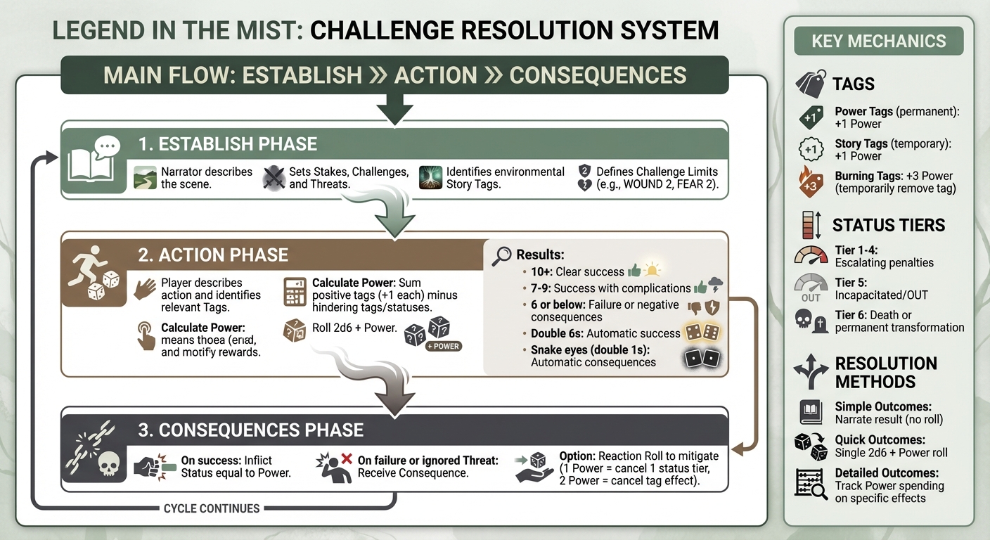 Legend in the Mist Challenge Resolution System: Core Mechanics Flow
