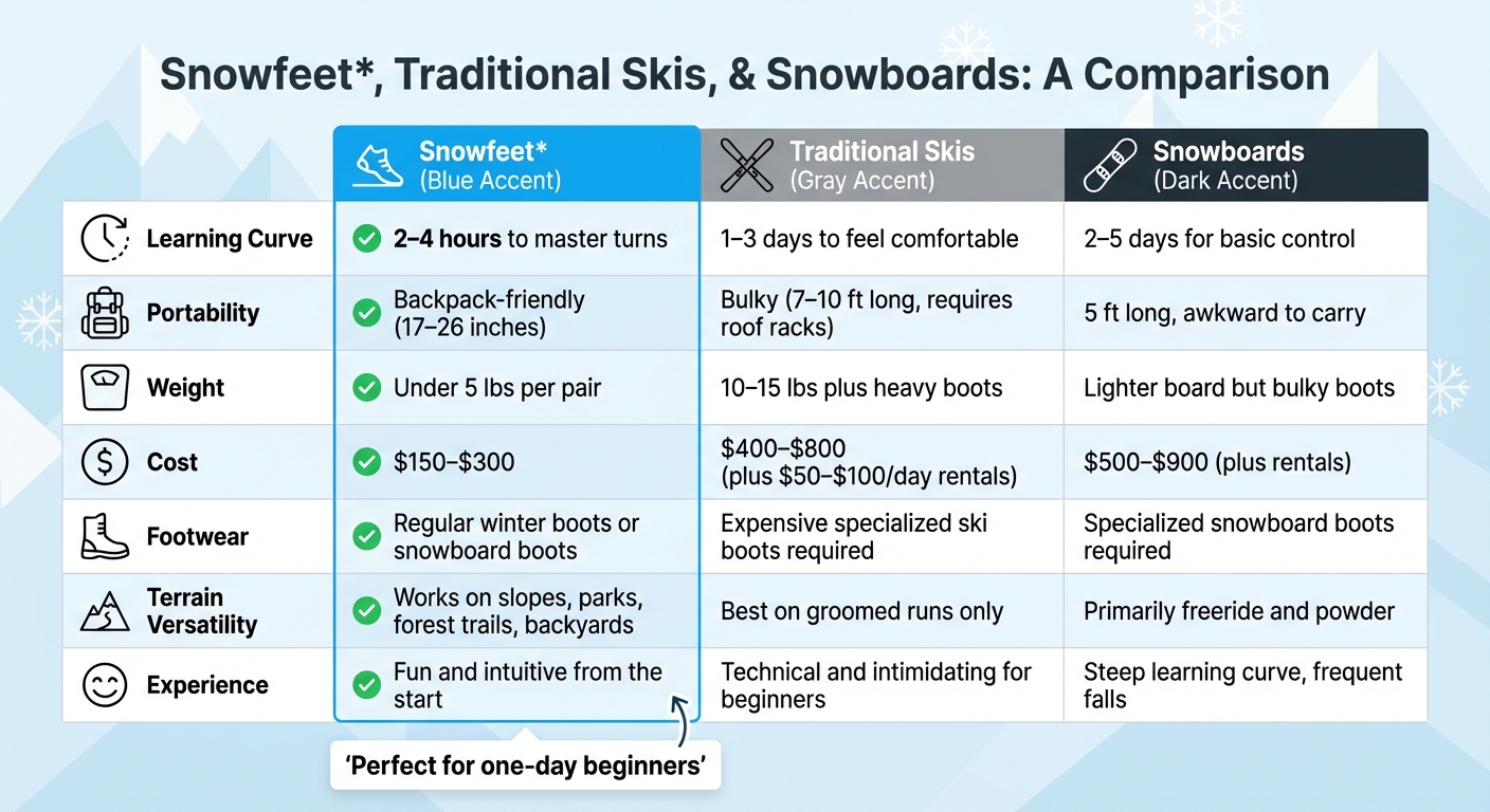 ตารางเปรียบเทียบ Snowfeet กับสกีแบบดั้งเดิมและสโนว์บอร์ด