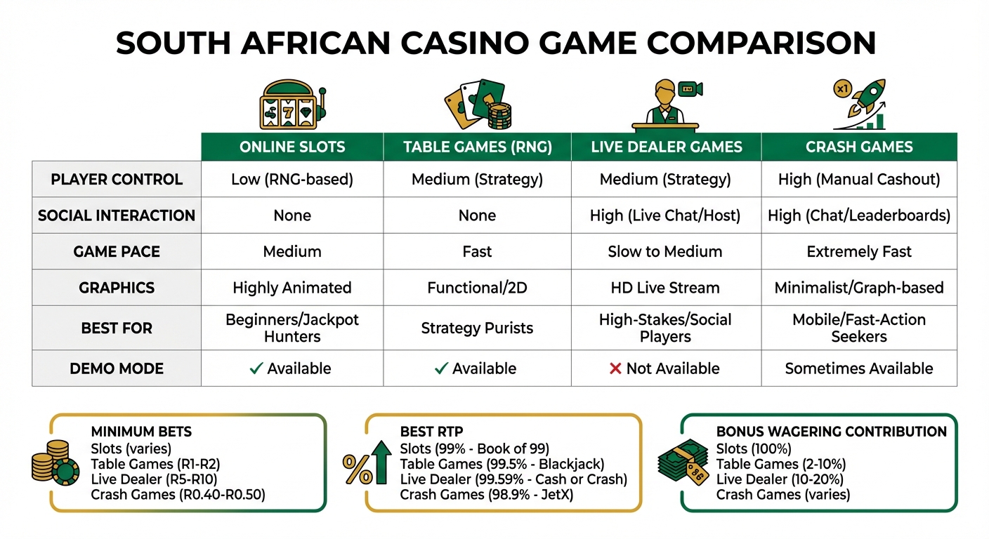 Comparison of Casino Game Types for South African Players 2026