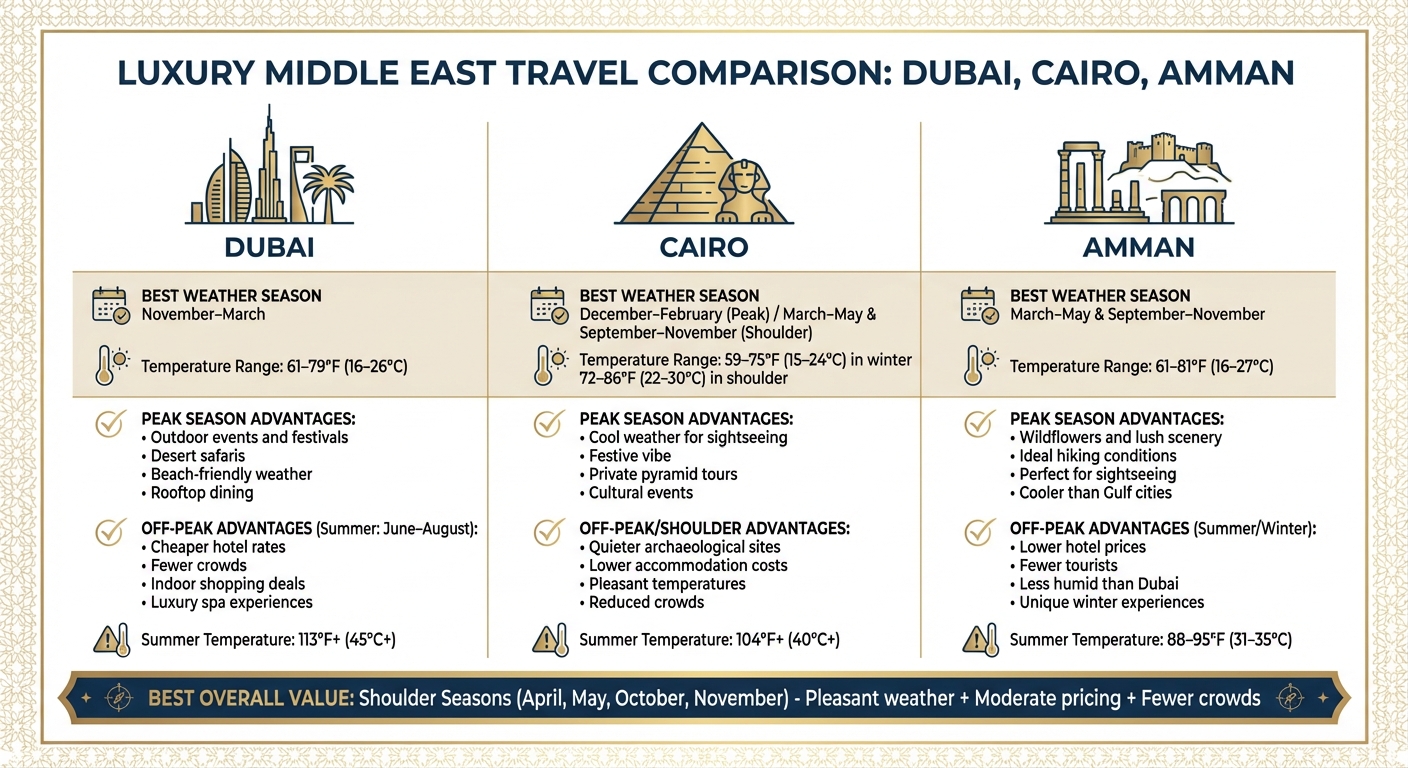 Middle East Luxury Travel: Best Seasons Comparison for Dubai, Cairo, and Amman