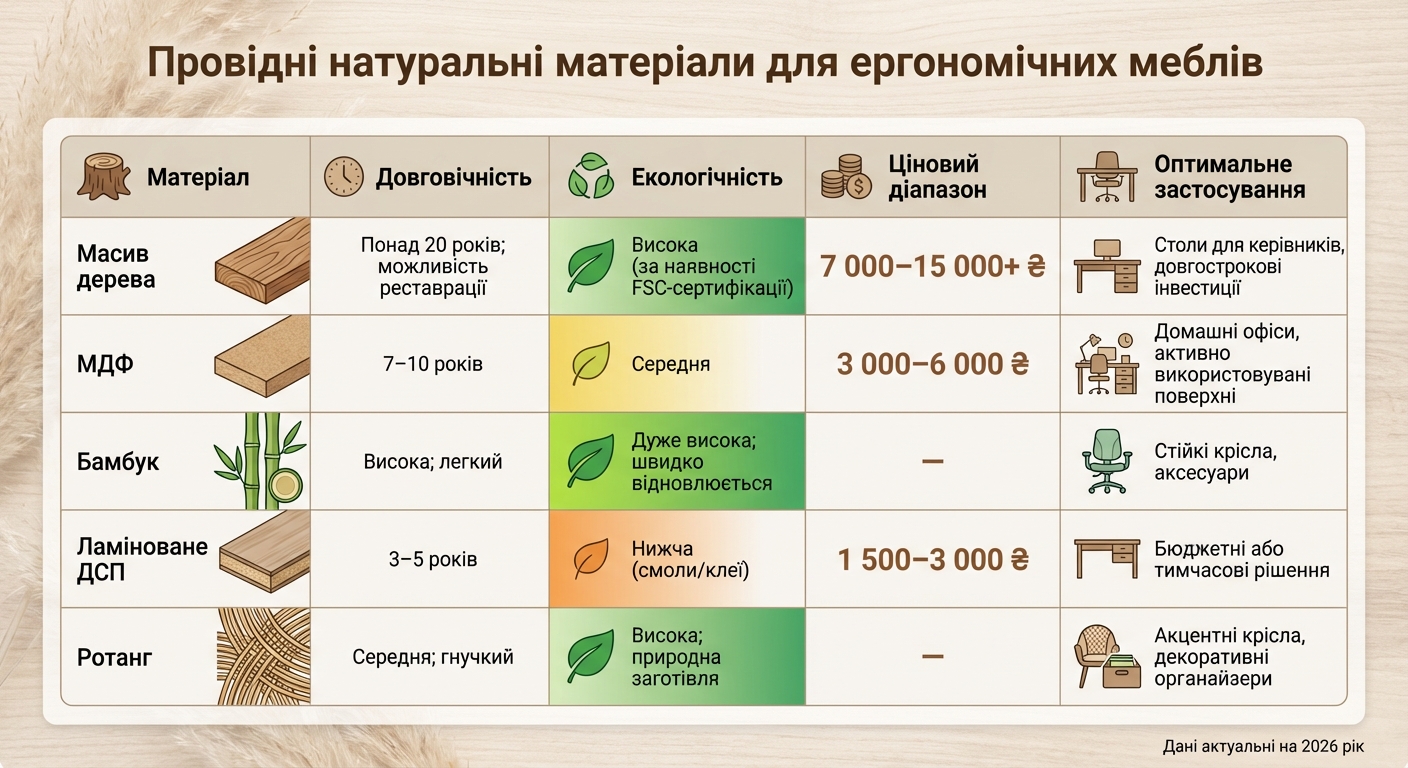Порівняння натуральних матеріалів для офісних меблів 2026