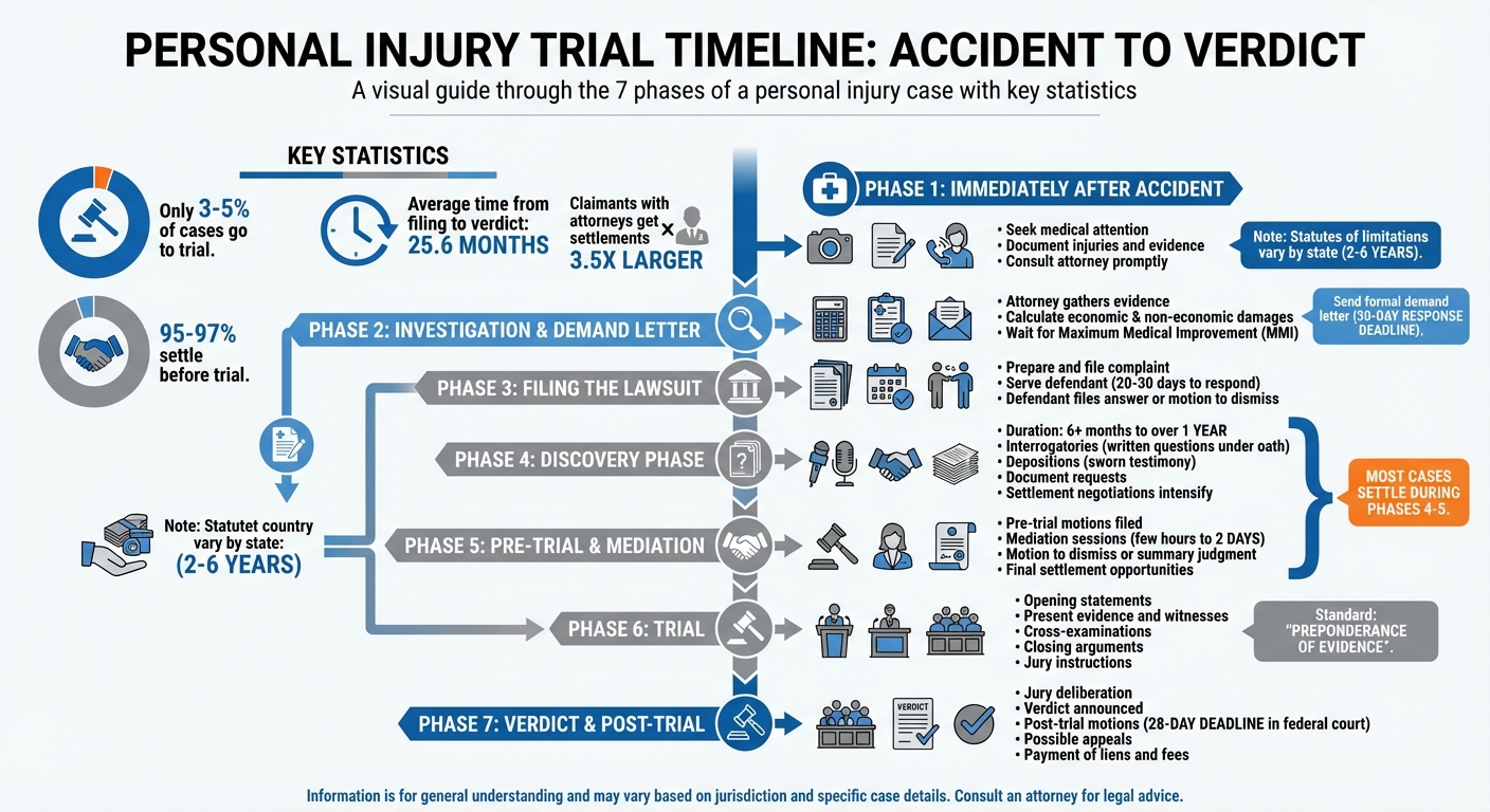 Personal Injury Trial Timeline: 7 Phases from Accident to Verdict