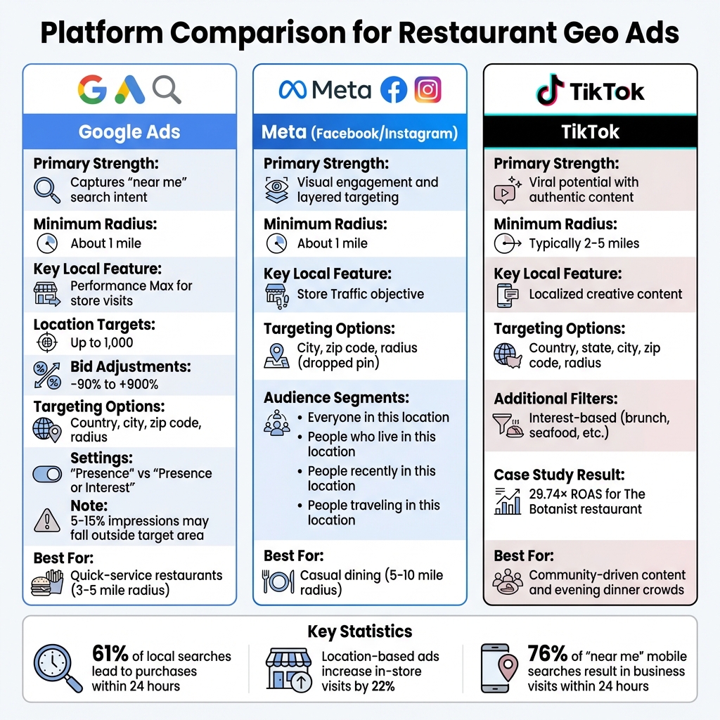 Restaurant Geo-Targeting Platform Comparison: Google Ads vs Meta vs TikTok