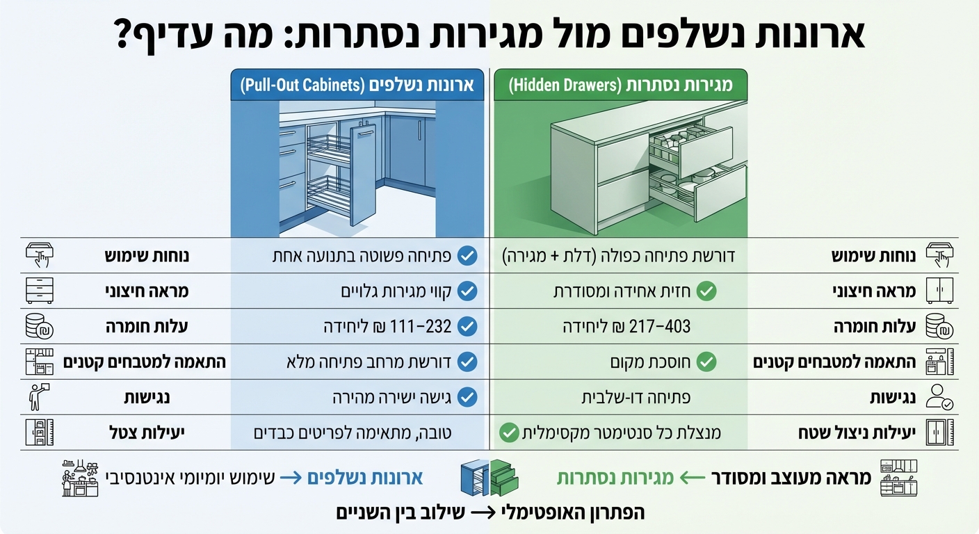 השוואה בין ארונות נשלפים למגירות נסתרות במטבח