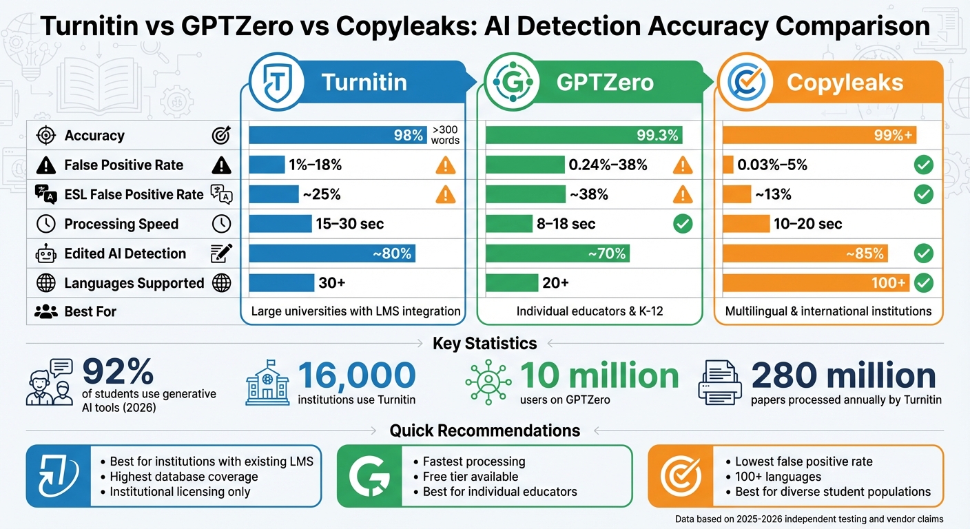 Turnitin vs GPTZero vs Copyleaks: AI Detection Accuracy Comparison 2026