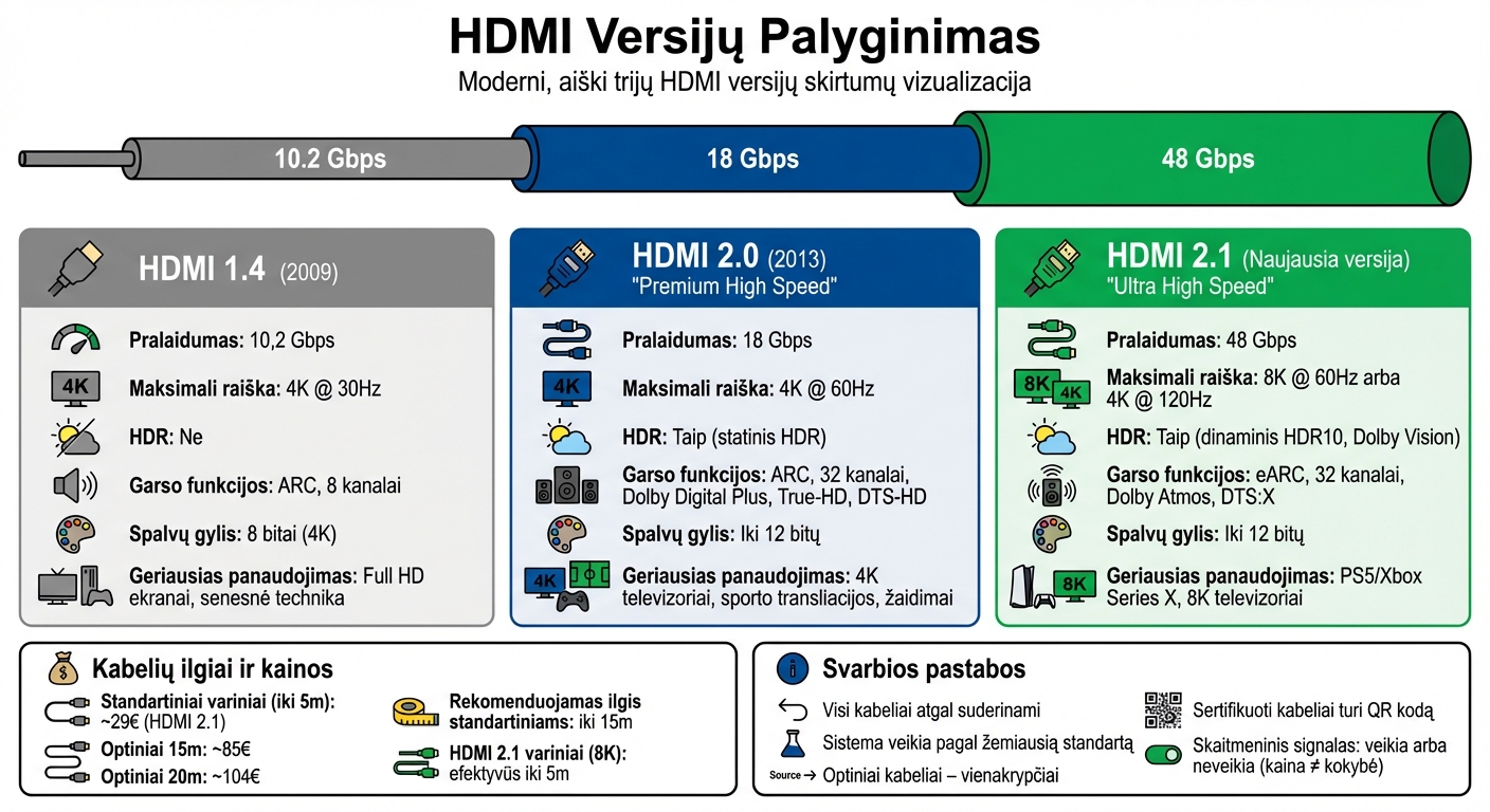 HDMI 1.4 vs 2.0 vs 2.1 versijų palyginimas: raiška, pralaidumas ir funkcijos