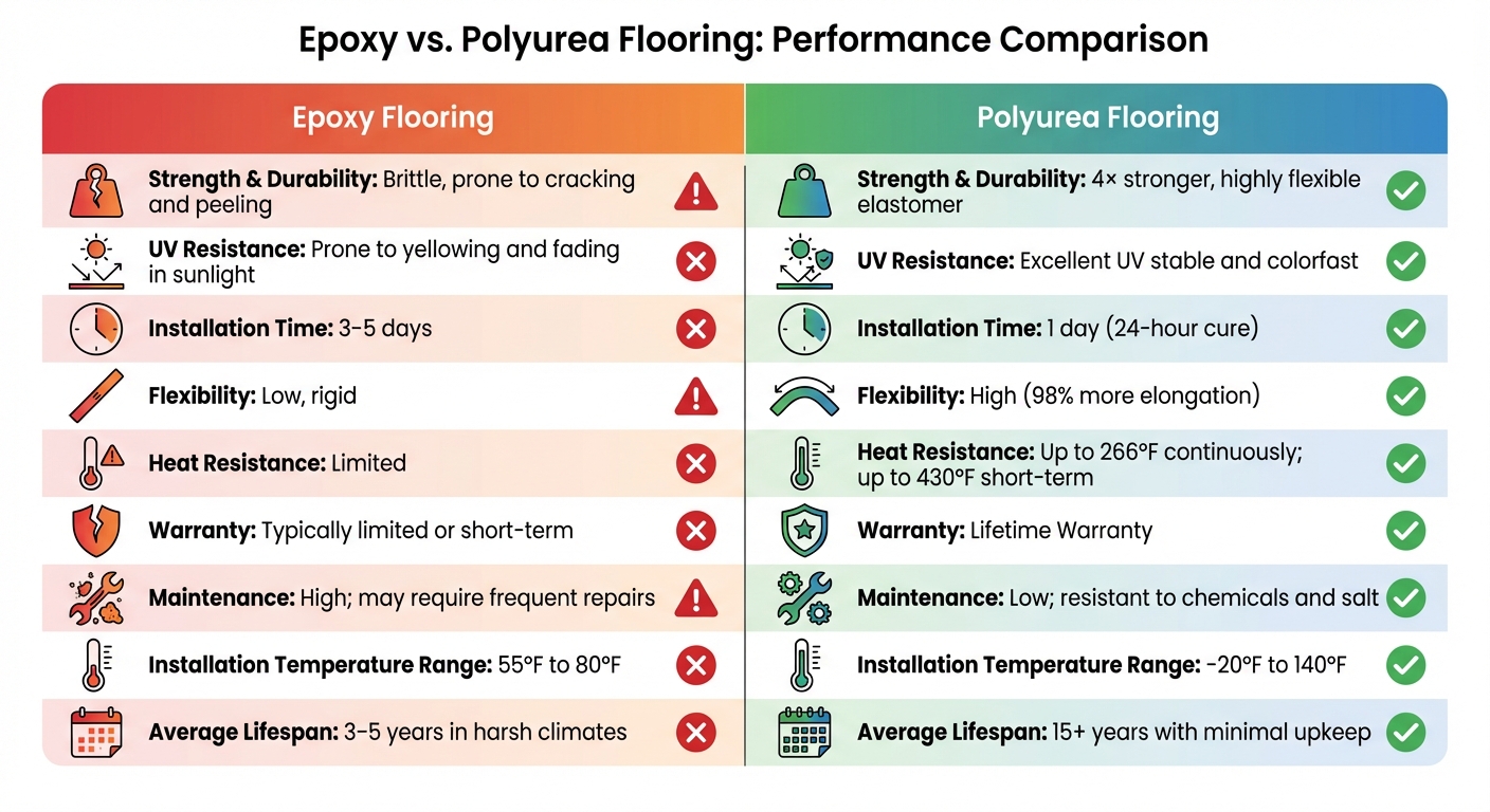 Epoxy Flooring Clarkston: Hidden Drawbacks And Why Polyurea Is Superior In Washington 2 Epoxy Vs Polyurea Flooring Performance Comparison Chart