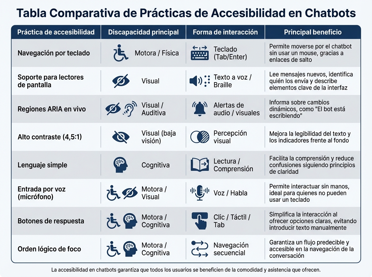 Prácticas de accesibilidad en chatbots: discapacidades, métodos de interacción y beneficios