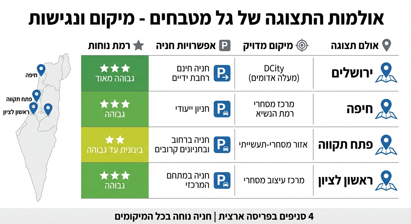 מיקומי אולמות התצוגה של גל מטבחים - השוואת נגישות וחניה