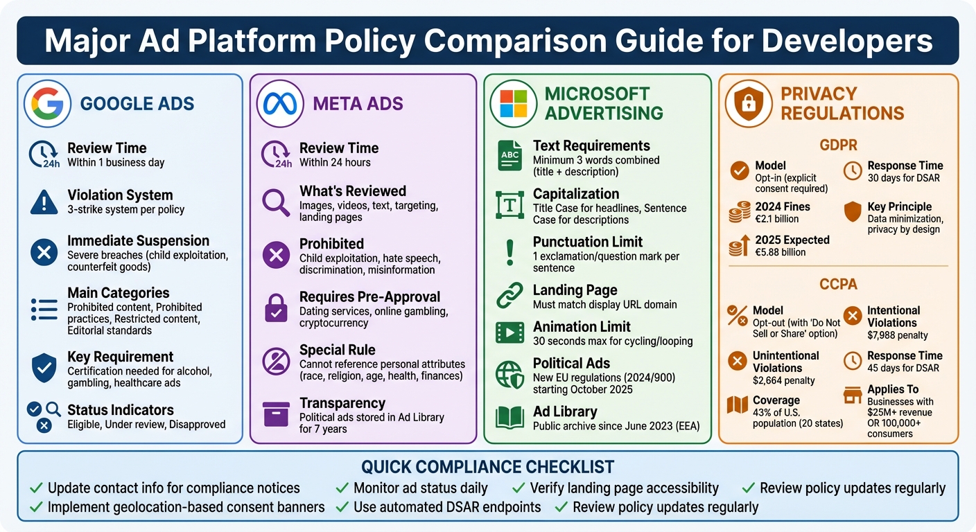 Major Ad Platform Policy Comparison: Google, Meta, Microsoft & Privacy Regulations