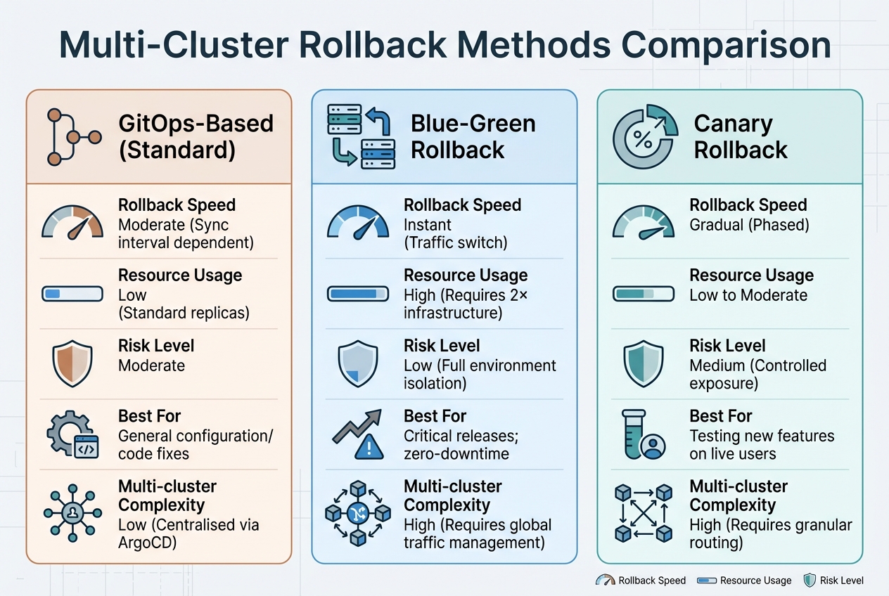 Multi-Cluster Rollback Methods Comparison: GitOps vs Blue-Green vs Canary