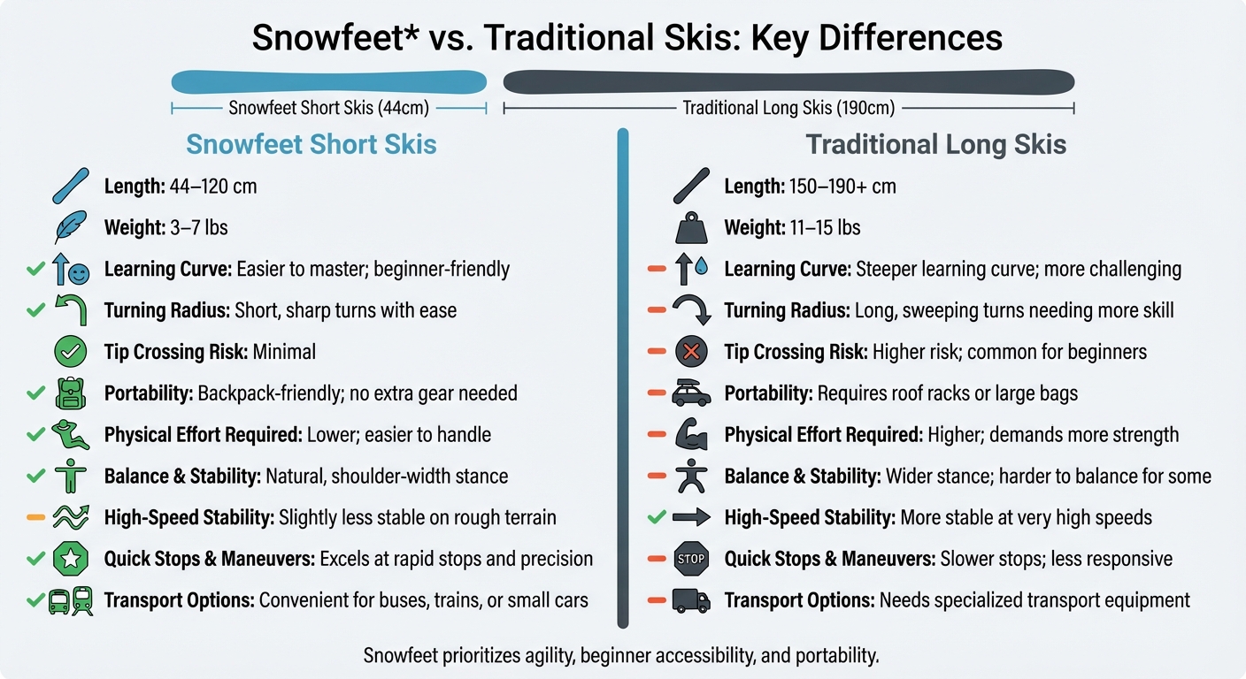Tabla comparativa Snowfeet Short Skis vs Esquís tradicionales