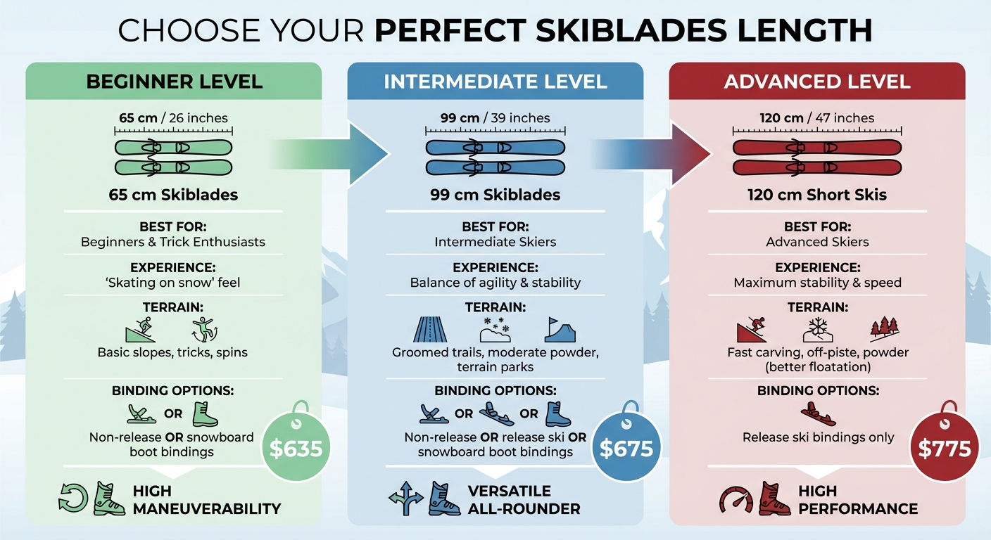 Snowfeet Skiblades Length Comparison Guide by Skill Level