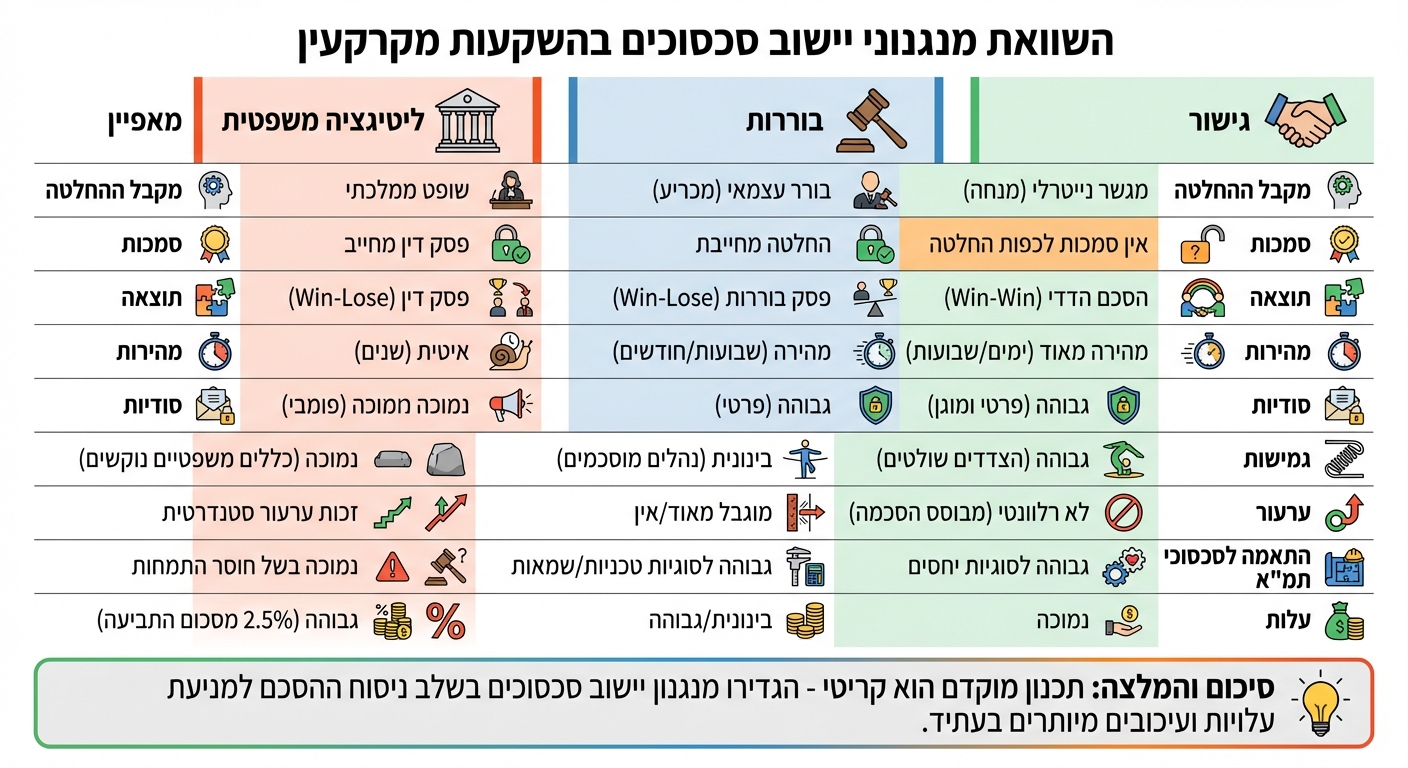 השוואה בין שיטות יישוב סכסוכים בהשקעות קרקע: גישור, בוררות וליטיגציה