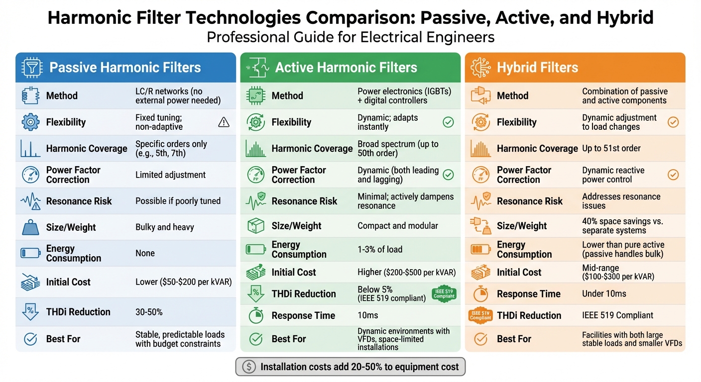 Comparison of Passive, Active, and Hybrid Harmonic Filters for Reactive Power Compensation