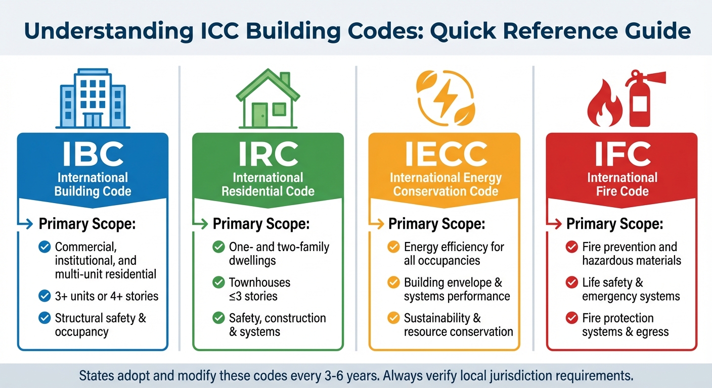 ICC Building Codes Comparison: IBC vs IRC vs IECC vs IFC Scope and Applications