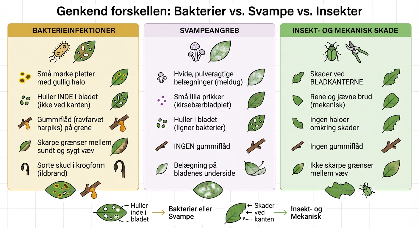 Sådan skelner du bakterieinfektioner fra svampeangreb og insektskader på kirsebærlaurbær
