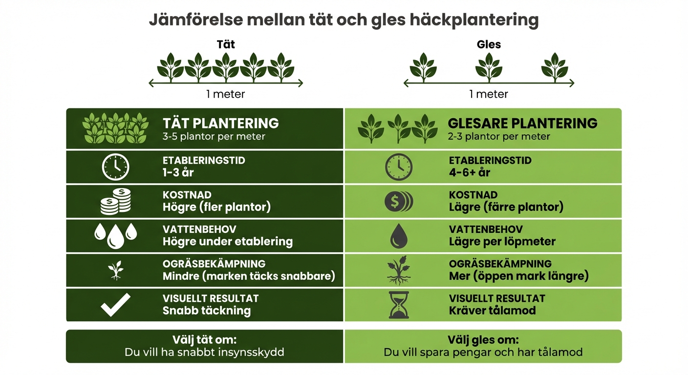 Jämförelse mellan tät och gles häckplantering - avstånd, tid och underhåll