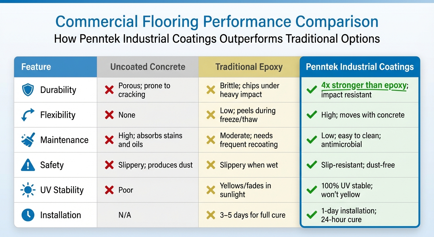 Commercial Flooring Clarkston: Durable Coatings For Restaurants And Warehouses In Lc Valley 6 Penntek Vs Epoxy Vs Concrete Flooring Performance Comparison