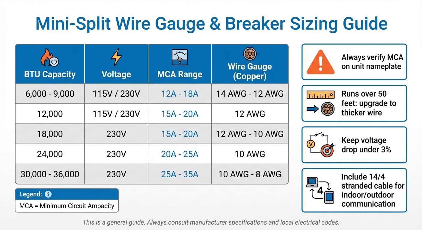 Mini-Split Wire Gauge and Breaker Sizing Chart by BTU Capacity