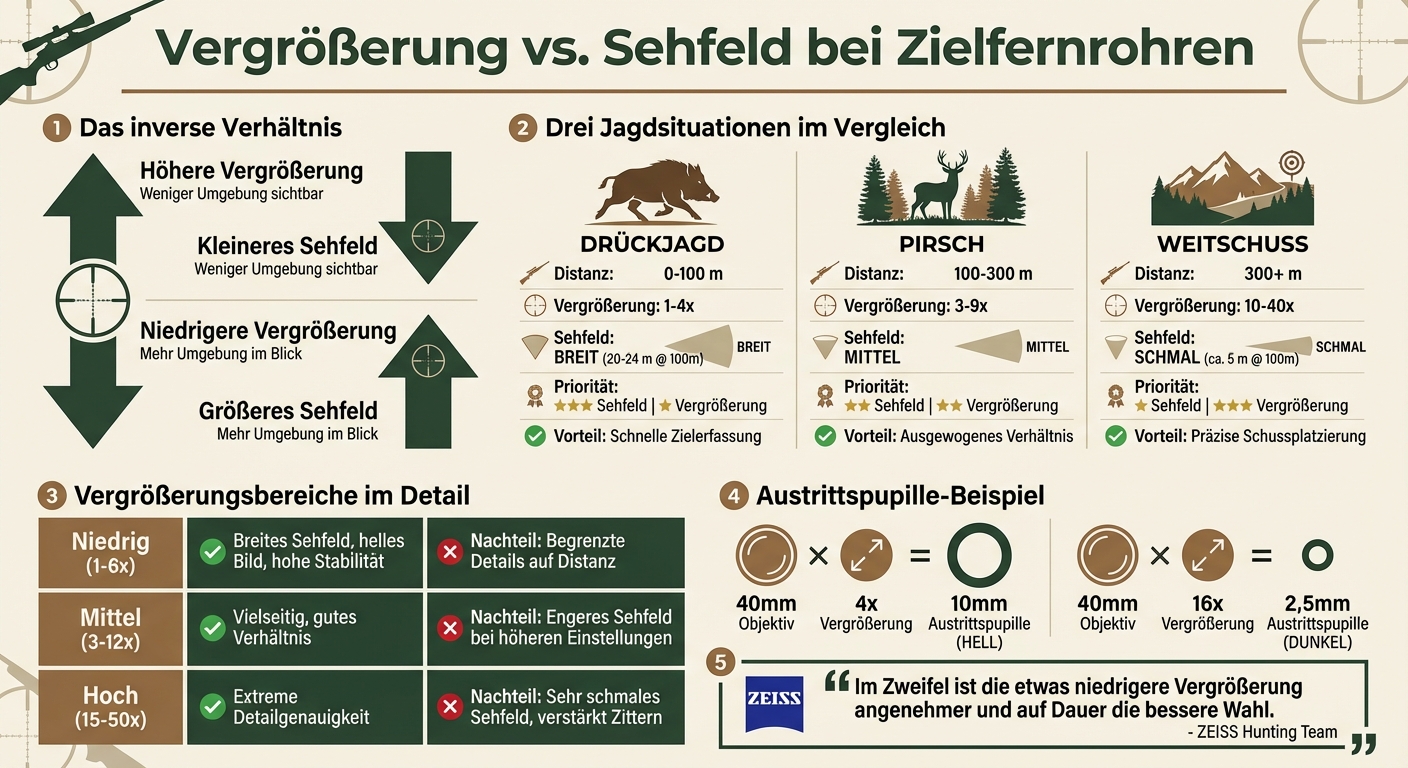 Zielfernrohr-Vergrößerung und Sehfeld: Vergleich für verschiedene Jagdsituationen