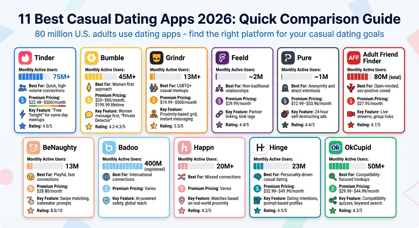 11 Best Casual Dating Apps 2026: Features, Pricing & User Base Comparison