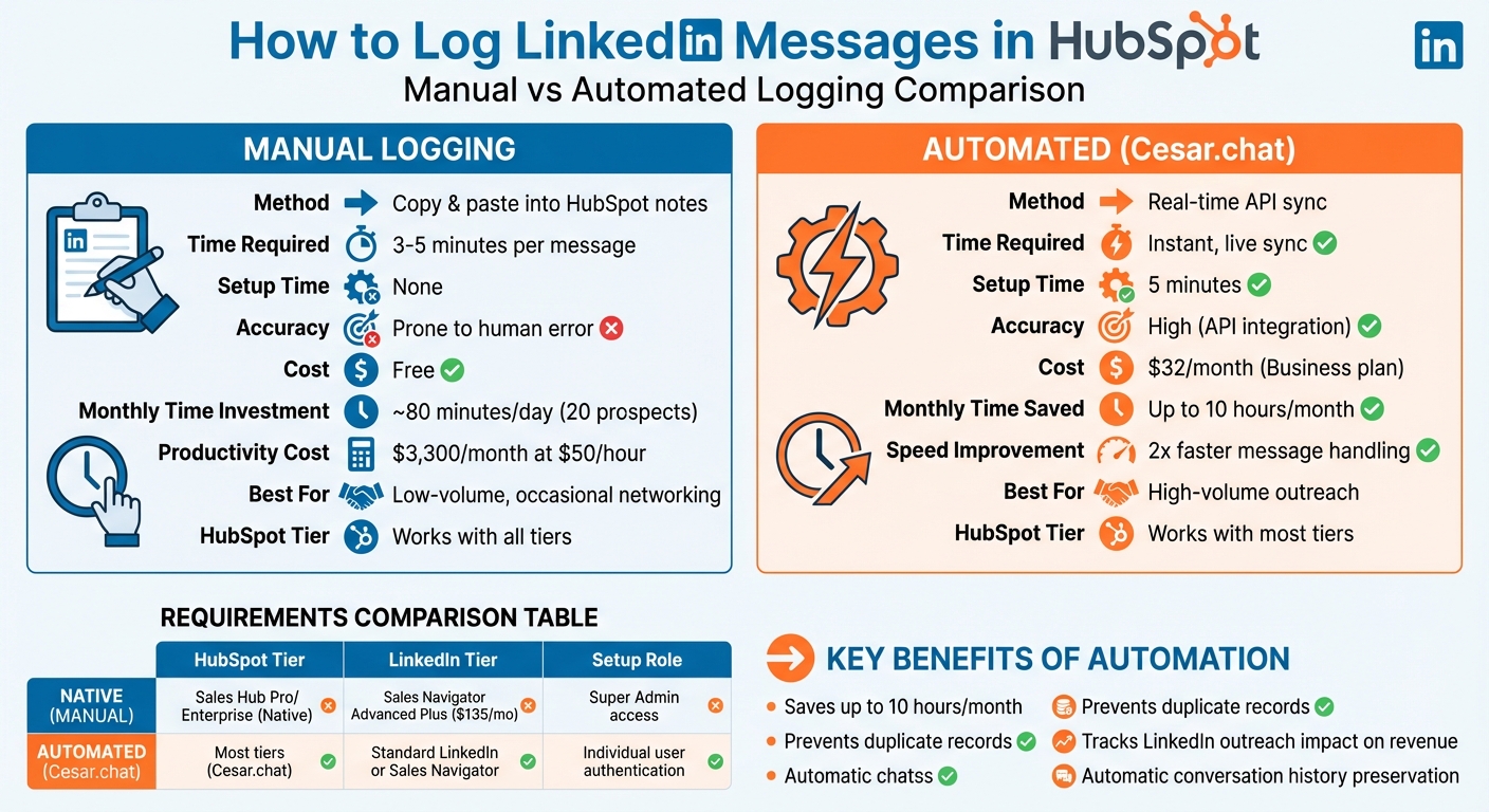 Manual vs Automated LinkedIn Message Logging in HubSpot Comparison