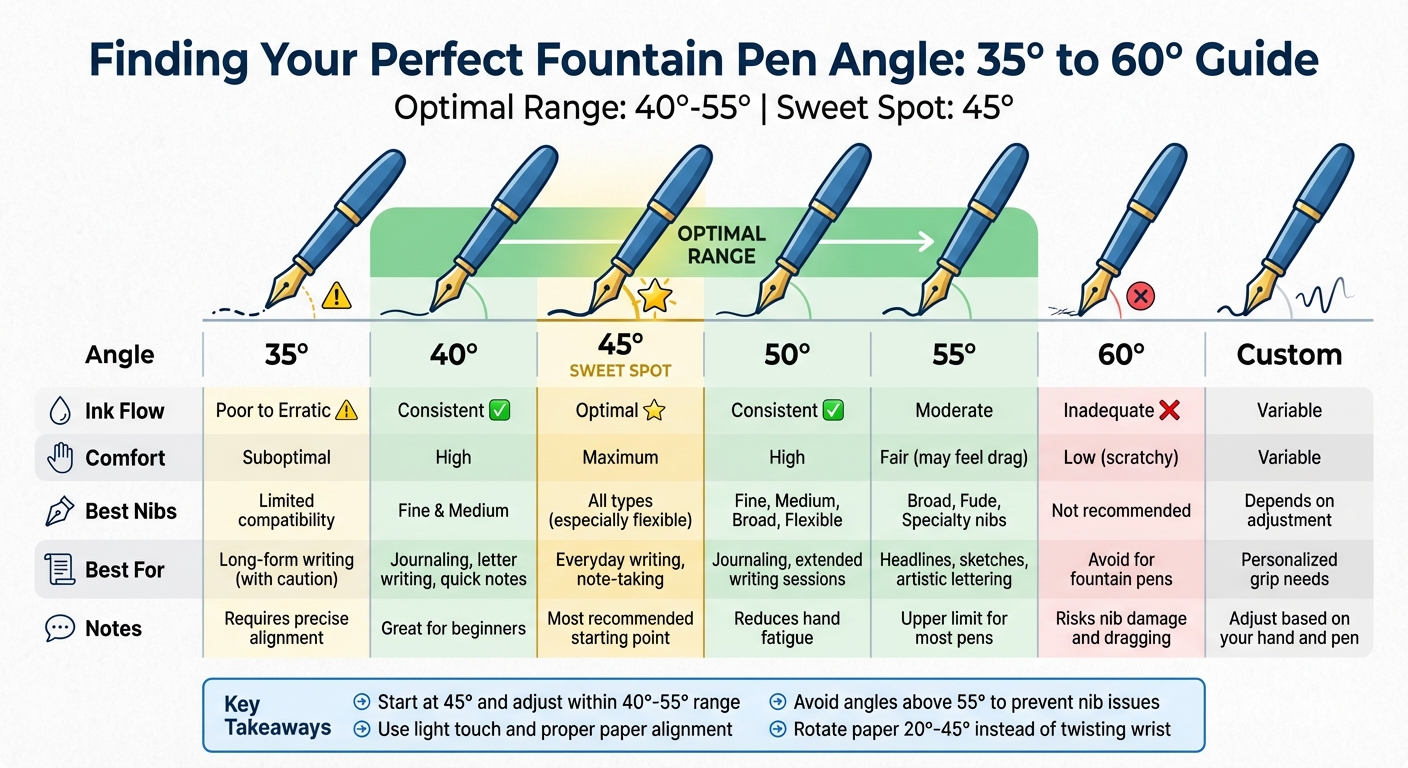 Fountain Pen Writing Angles Comparison Chart: 35° to 60° Range
