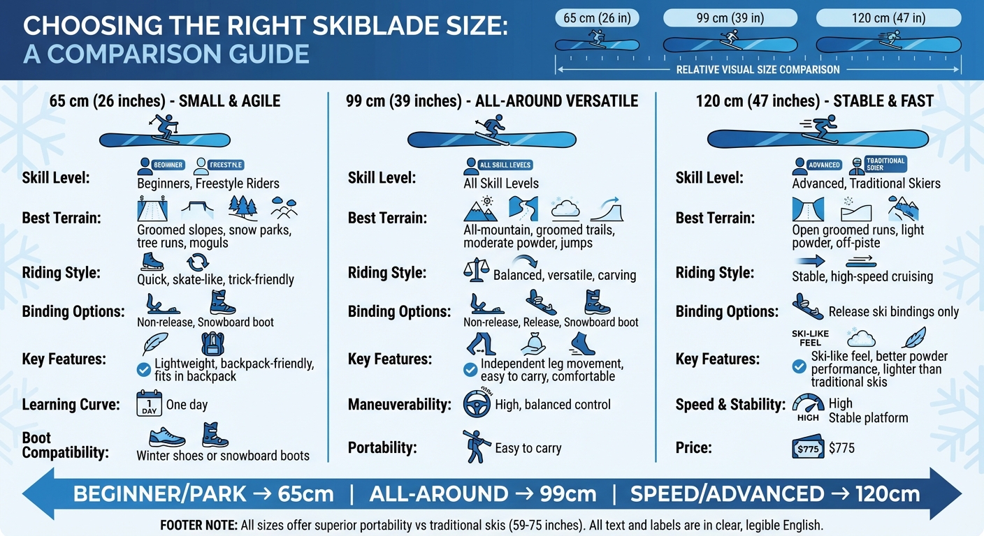 Skiblades Size Comparison Guide: 65cm vs 99cm vs 120cm