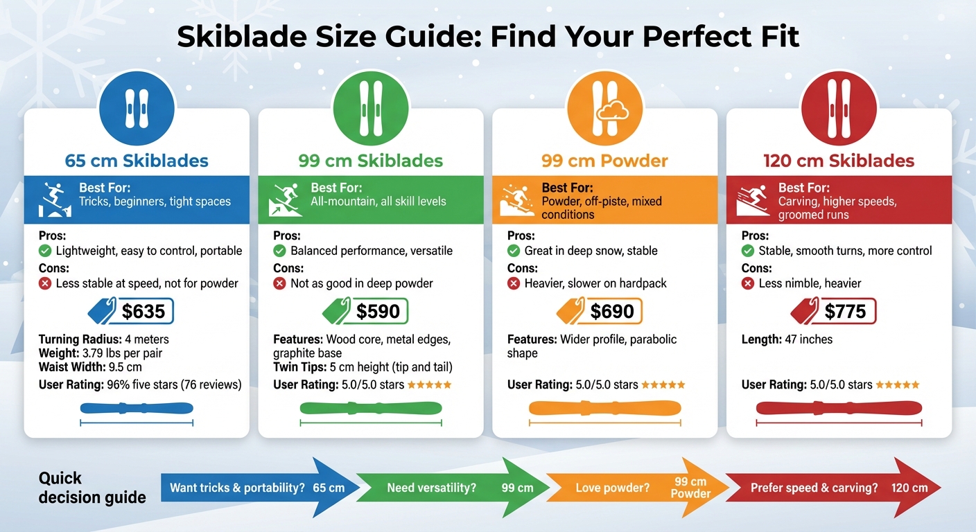 Skiblade Size Comparison Chart: 65cm vs 99cm vs 120cm Features and Specifications