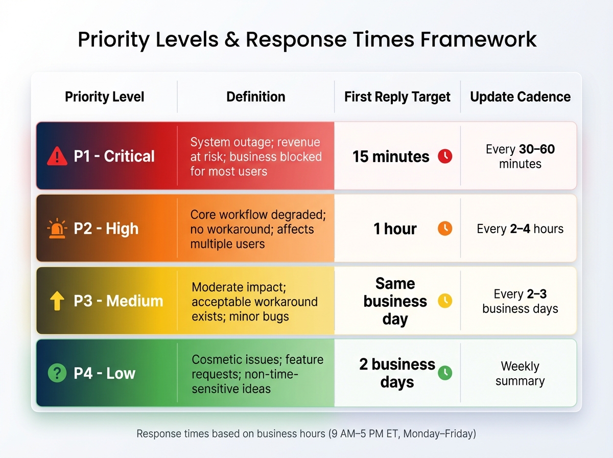 Customer Support Priority Levels and SLA Response Times Framework