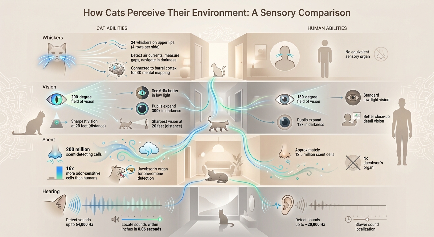 How Cats Perceive Their Environment: Sensory Abilities Compared to Humans