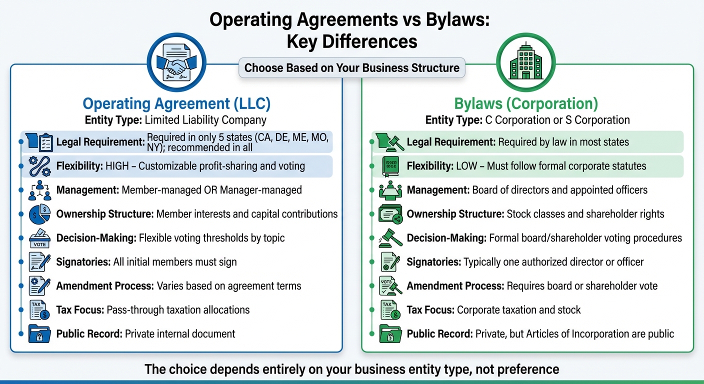 Operating Agreements vs Bylaws: Key Differences for LLCs and Corporations