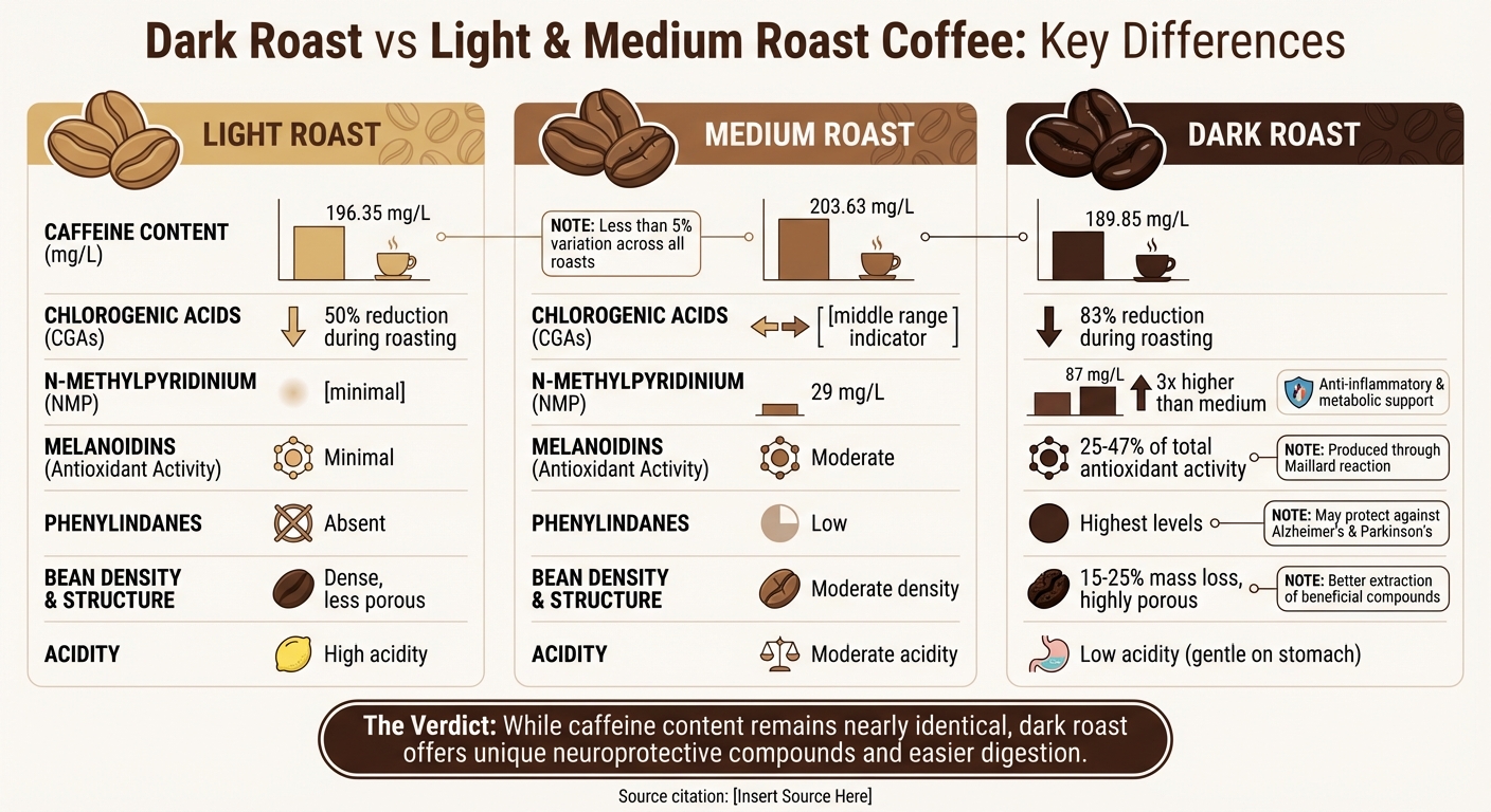 Dark Roast vs Light and Medium Roast Coffee: Caffeine and Compound Comparison