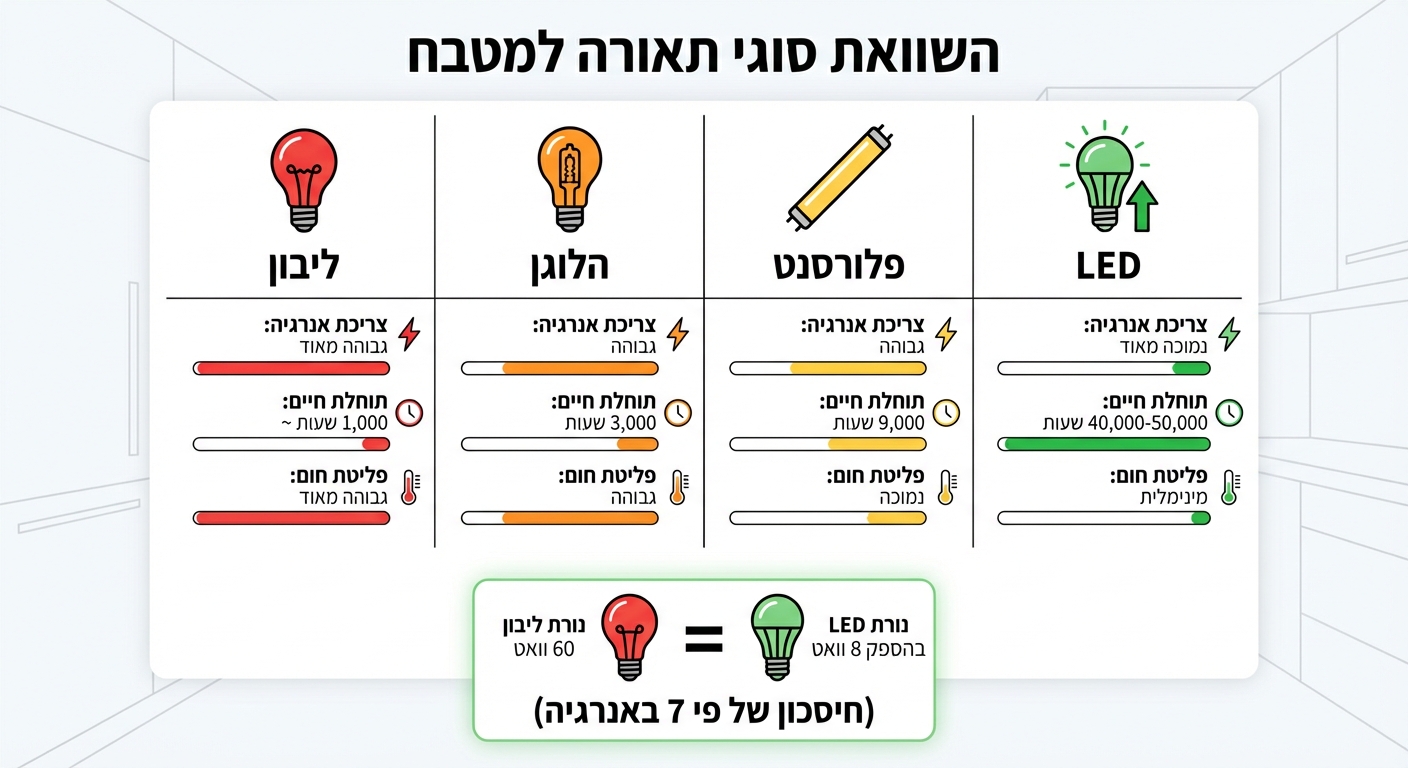 השוואת סוגי תאורה למטבח - צריכת אנרגיה ותוחלת חיים