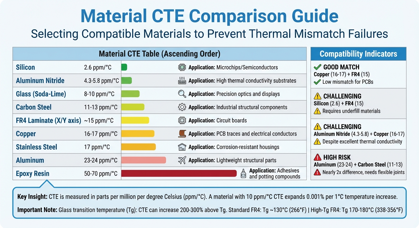 Common Materials CTE Values and Compatibility Chart